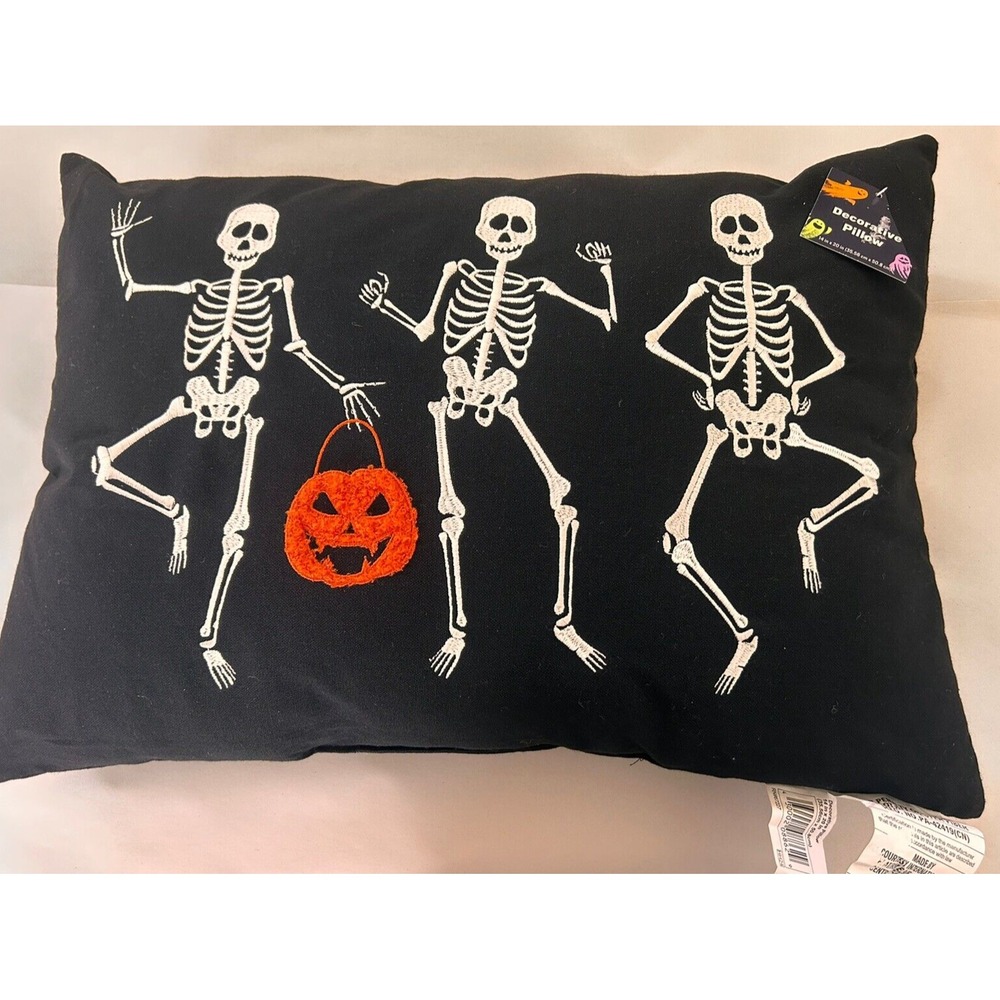 Halloween Embroidered Skeleton Pumpkin Pillow Black White Orange 14 X 20 New!‎